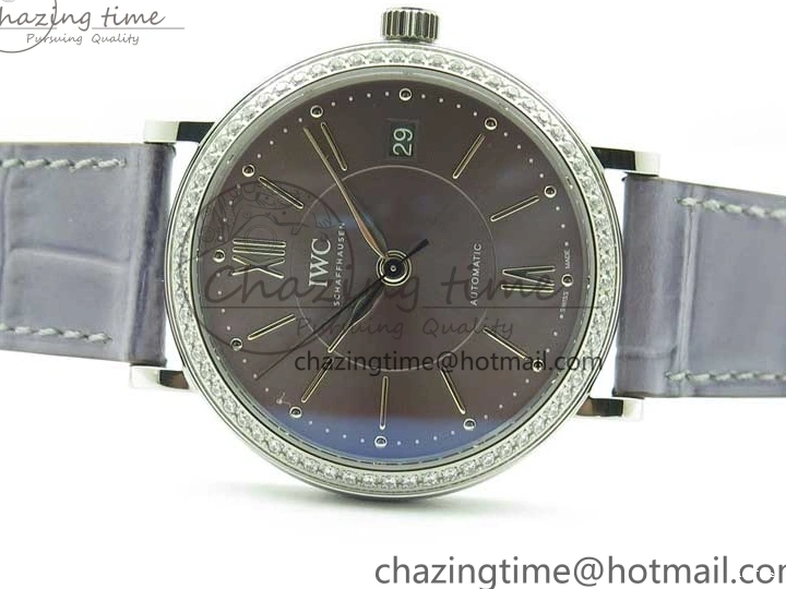 MIROTIME 0510 Attractive Portofino 37mm SS V7F 1:1 Best Edition Gray Dial Diamonds Bezel on Gray Leather Strap A 7091